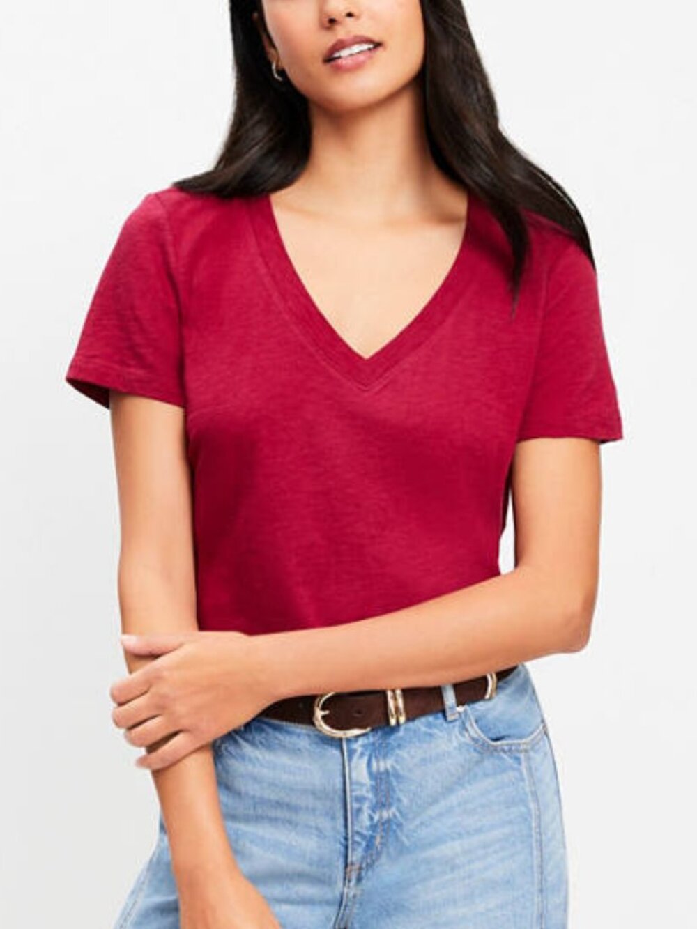 LOFT Red V-Neck Short Sleeve T-shirt Size S